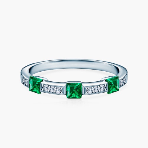 Pierścionek SAVICKI: białe złoto, szmaragdy, diamenty